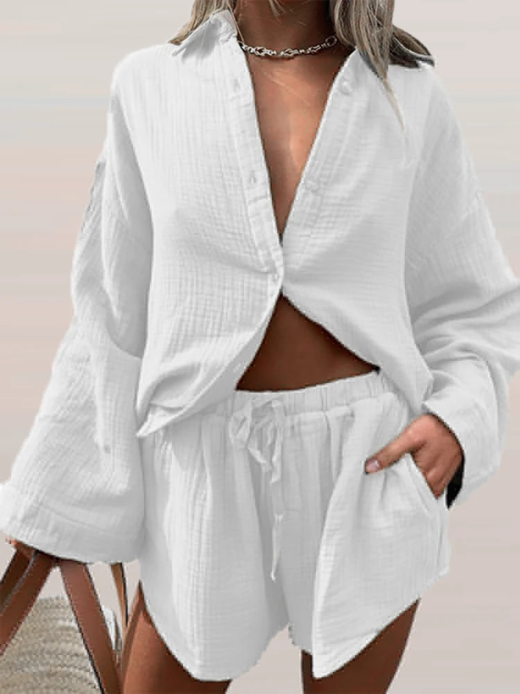

Elegant Lapel Single Breasted Loose Suit 2022 Solid Streetwear Outfit Women Long Sleeve Top & Shorts Cotton Linen Casual 2pc Set