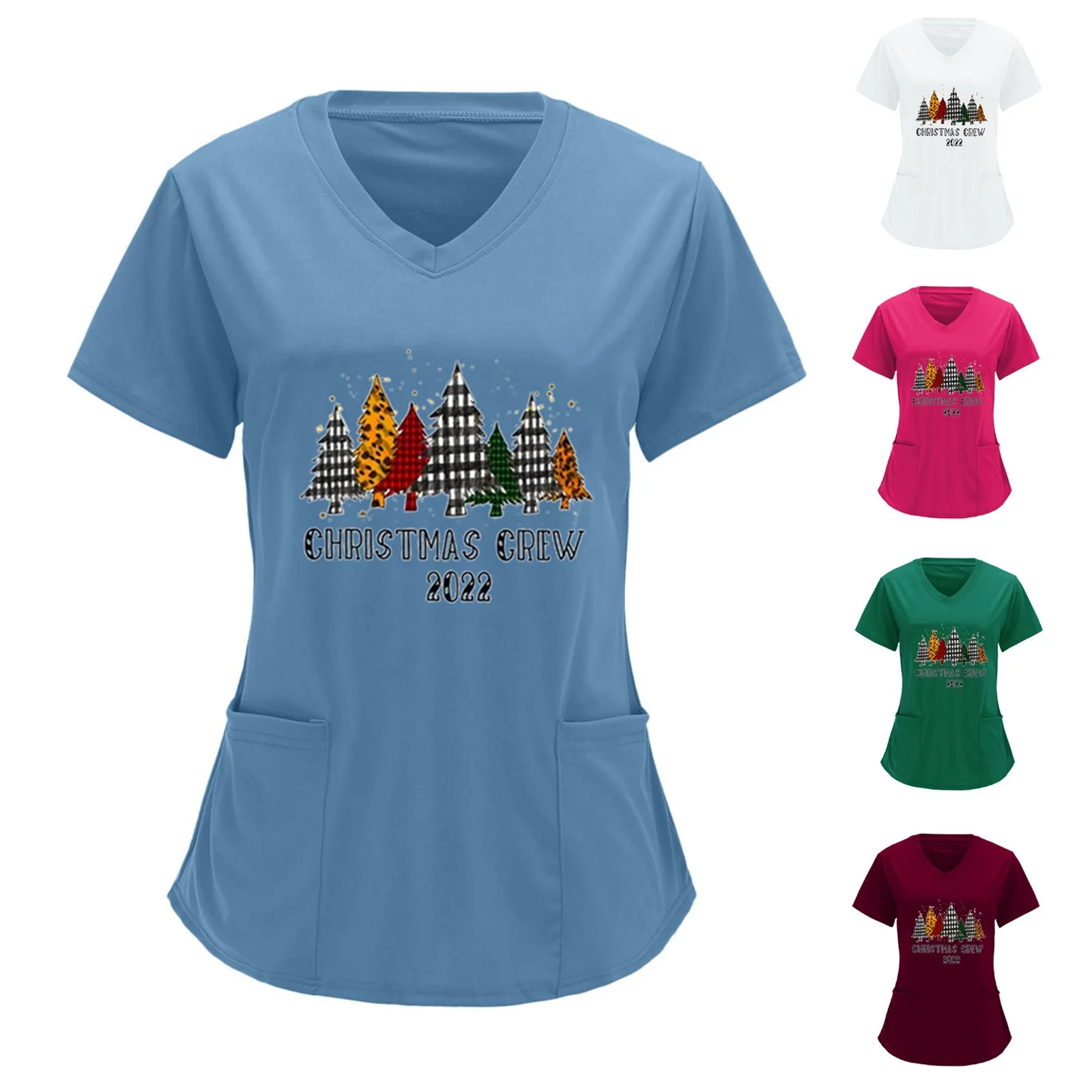 

Merry Christmas Scrubs Medical Uniforms Women V Neck Solid Color Partial Positioning Beauty Health Navidad enfermeria