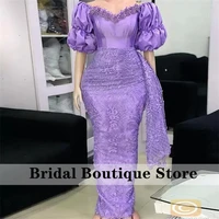 luxury purple evening dresses puffy sleeve appliques beads mermaid prom gowns elegant wedding party gowns robes de soir%c3%a9e