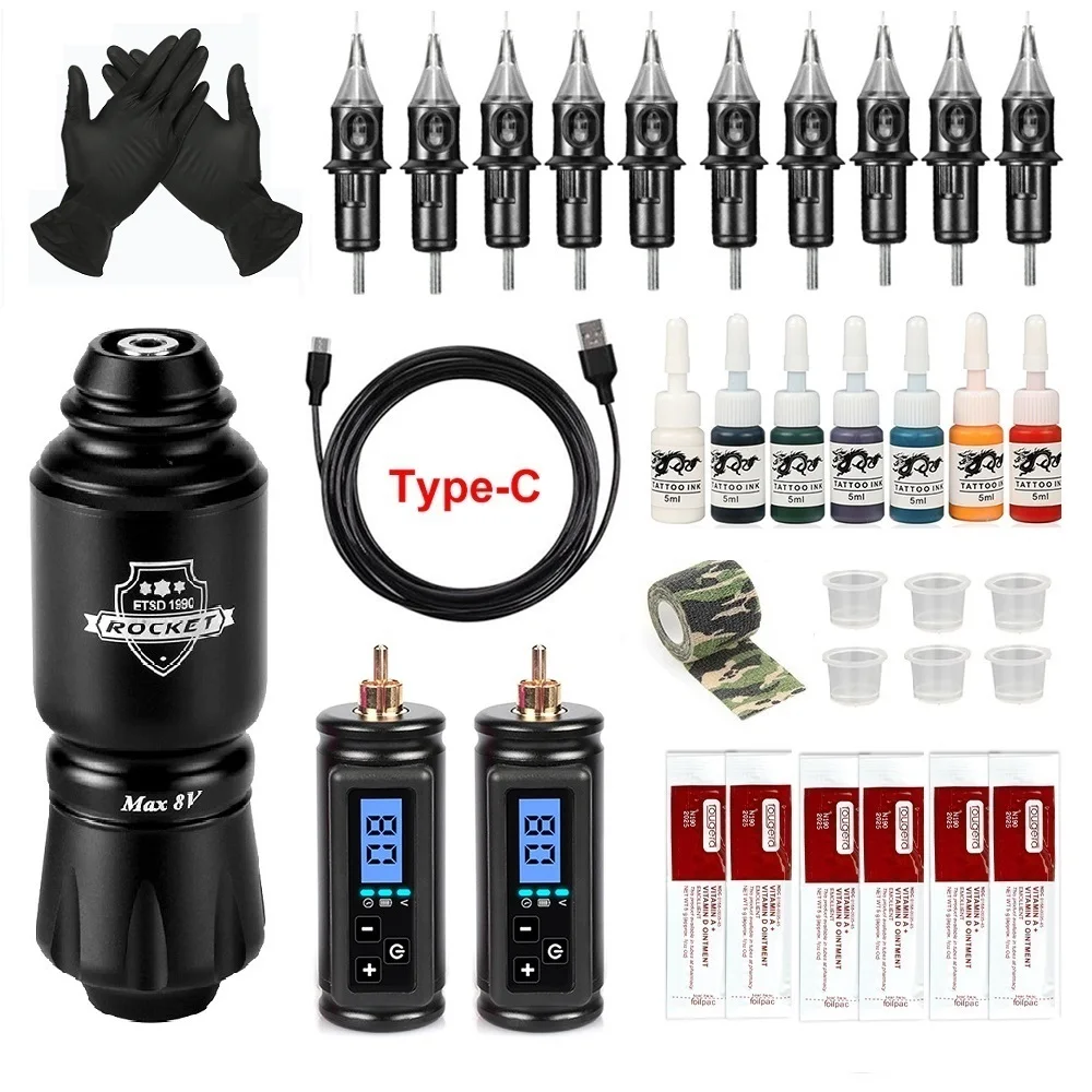 

Rocket Mini Tattoo Kit Rotary Complete WX5 Tattoo Power Supply 10pcs Cartridge Needles Tattoo Machine Pen Sets With 2 Batteries