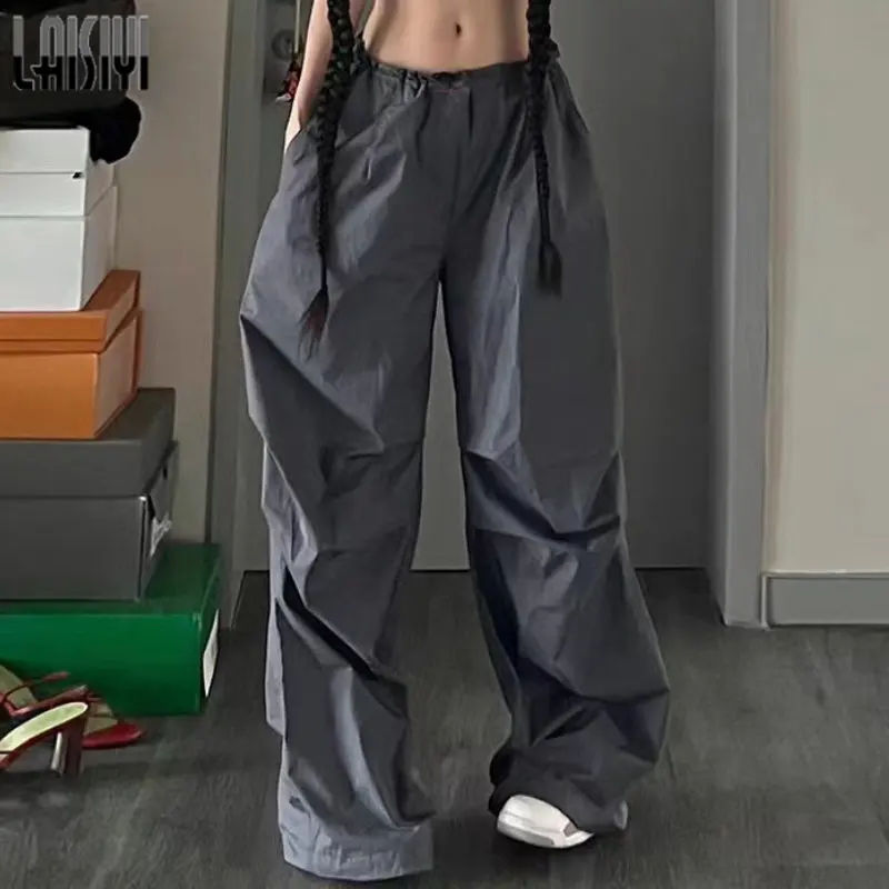 

Серые брюки, брюки с широкими штанинами, Женские Мешковатые брюки, летняя спортивная одежда, уличная одежда, винтажная одежда, брюки с карманами и высокой талией для женщин
