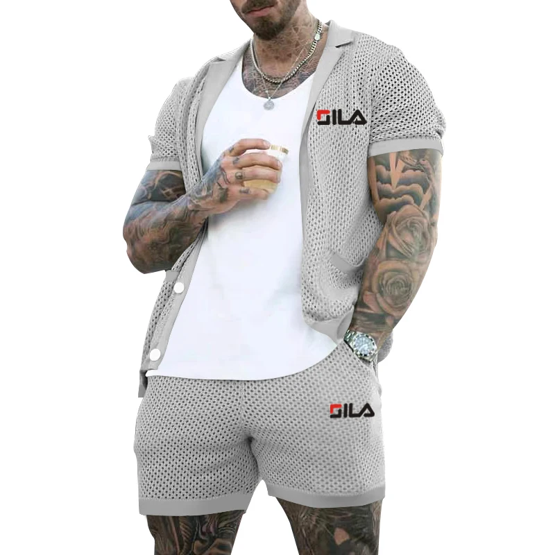 Summer Men's Mesh Breathable T-shirt Set Fitness Jogging Jacket Short Pants 2 Piece Suit Sportswear Tracksuit Male Clothing