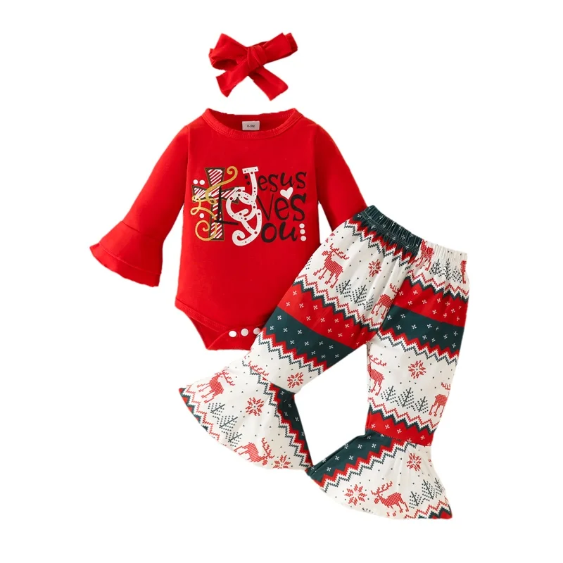 

Infant Baby Girl Christmas Romper Outfits Long Sleeve Jumpsuit + Elk Print Flare Pants + Bow Headband