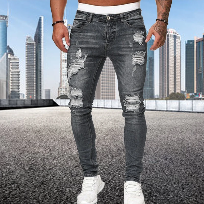Streetwear Style Ripped Skinny Jeans Men Vintage wash Solid Denim Trouser Fashion Casual Pants Stretch for Men Clothing 2023 New
