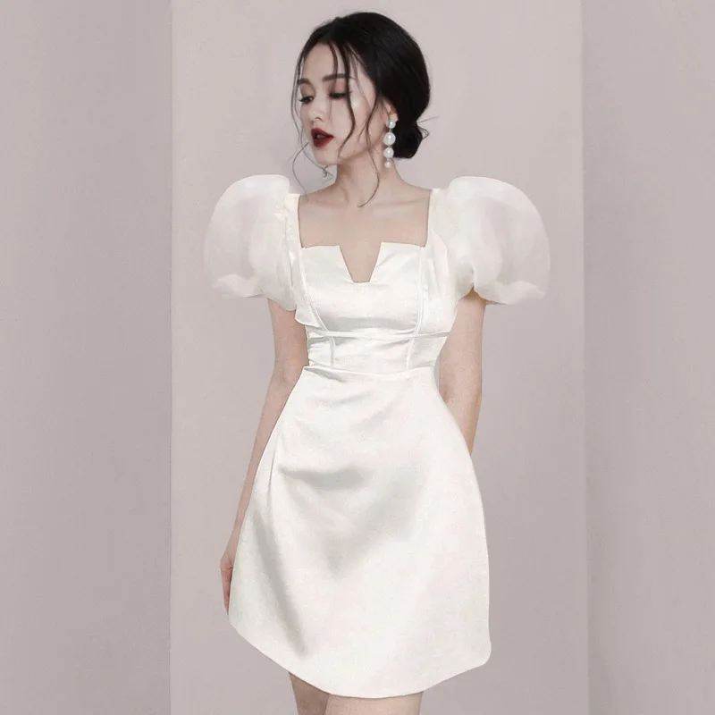 2022 Summer Girl's White Small Bubble Short Sleeve Fairy Streamer Dress