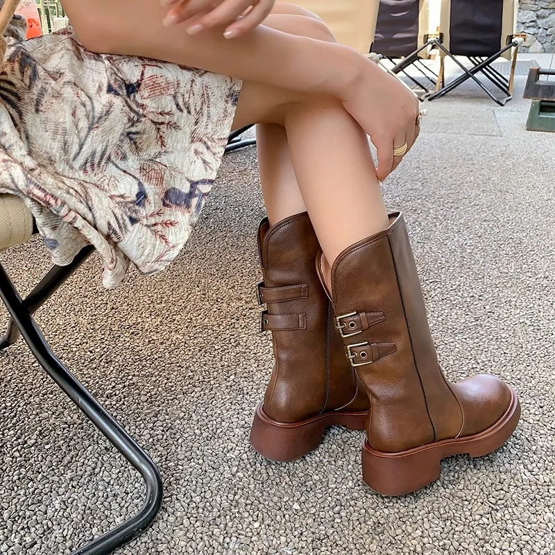 Туфли с круглым носком женские ботинки осенние ботинки-женские кожаные в стиле