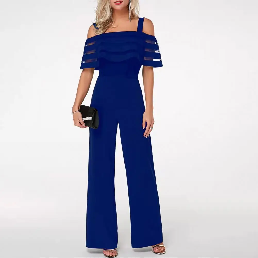 

Women High Waist Jumpsuit Stylish Women's Off Shoulder Mesh Jumpsuit Sexy Wide Leg Pants Solid Color Romper for Summer Fashion