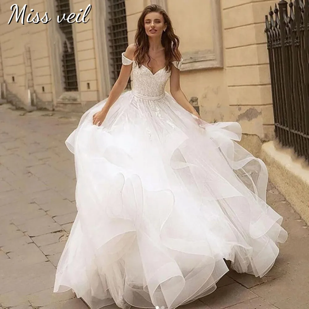 

Miss Veil Off The Shoulder Wedding Dress Lace Up Tulle Tiered Bohemian Bridal Gown Appliques Sweep Train Vestido De Novia