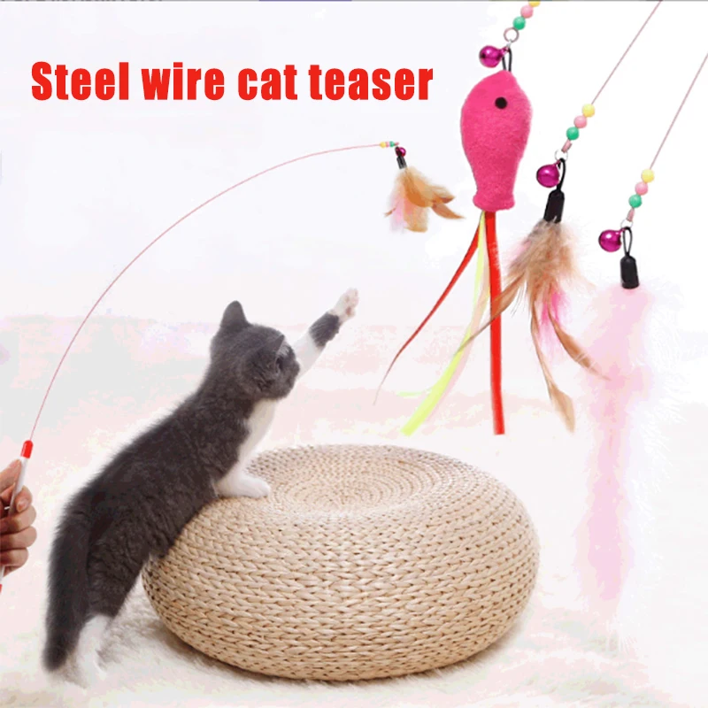 

Cat Teaser Stick Feather Toys with Bell Interactive Cat Toy Long Pole Sturdy Feather Teaser Toy Pet Gatos Accesorios Pet Items