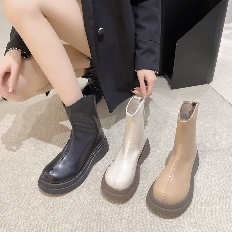 

Женские сапоги, Осенняя обувь для женщин, женская обувь на молнии, зимняя обувь с круглым носком, роскошные дизайнерские сапоги на плоской подошве в стиле "Лолита", 2022