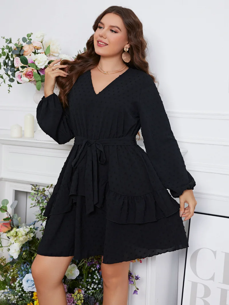 

3XL 4XL Oversized Elegant Dresses for Women Black V Neck Belted Lantern Sleeve Ladies Ruffle Vintage Clothes Evening Party Dress