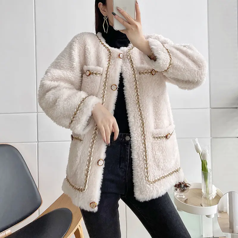 Real Lamb Fur Jacket Women Coat Winter 2022 High Quality Hanbok Women's O-neck Overcoat Lady Luxury Long Fluffy Coat C20