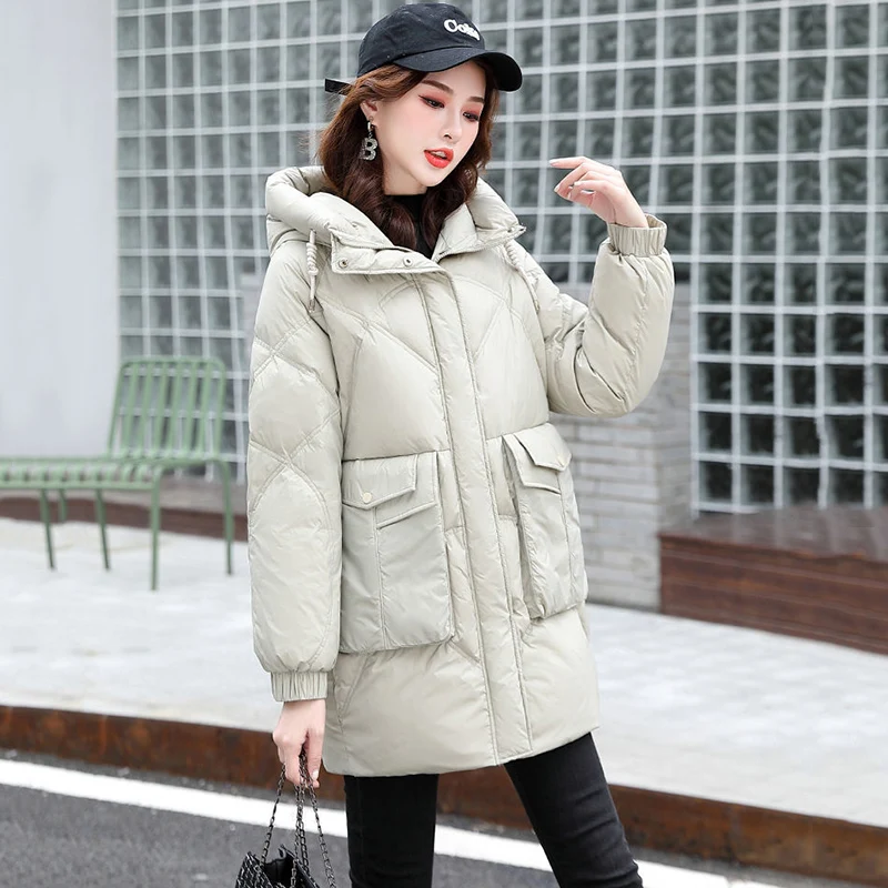 Loose Hooded Cotton Padded Thicken Parkas Solid Winter Snow Wear Warm Windproof Outwear Korean Glossy Long Sleeve Pockets Jacket