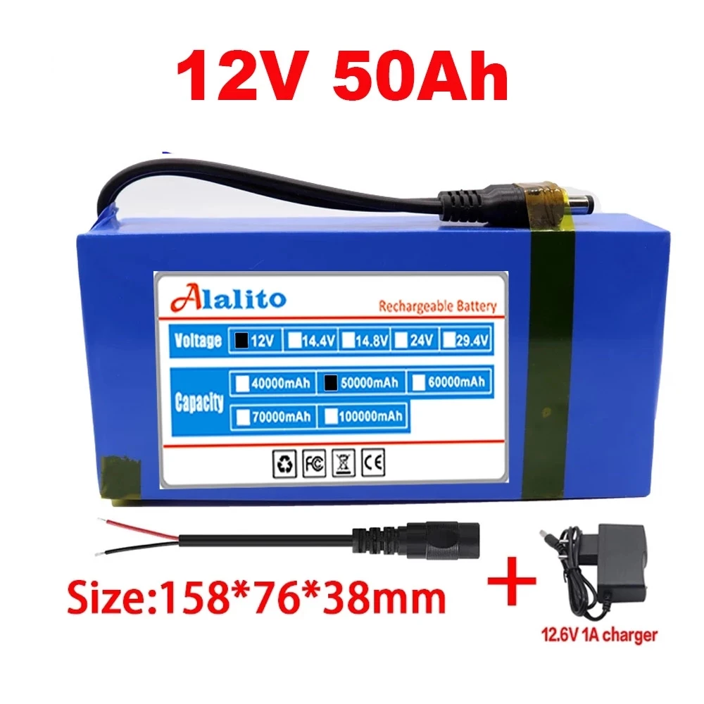 New 12v 18650 60000mAh Lithium-ion Battery pack DC 12.6V 60Ah battery With EU Plug+12.6V1A charger+DC bus head wire |