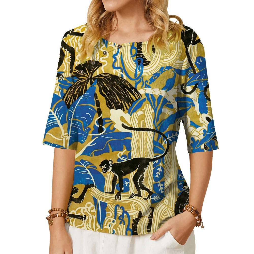 

Женская футболка CLOOCL с изображением животных, футболки с рисунком леса и обезьяны, украшенная пуговицами, свободная блузка с рукавом средне...