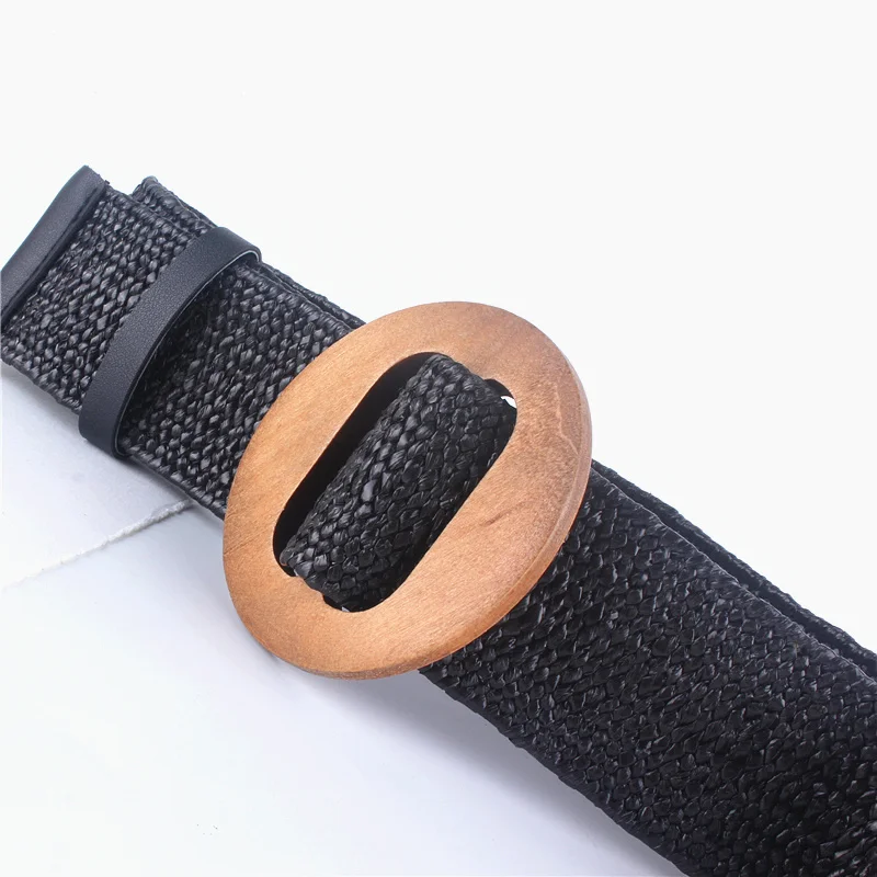 

Retro Wide Elastic Waist Belt for Women Dress Female Straw Weave Waistband Wood Ring Buckle Non Hook Cummerbund Strap Ladies