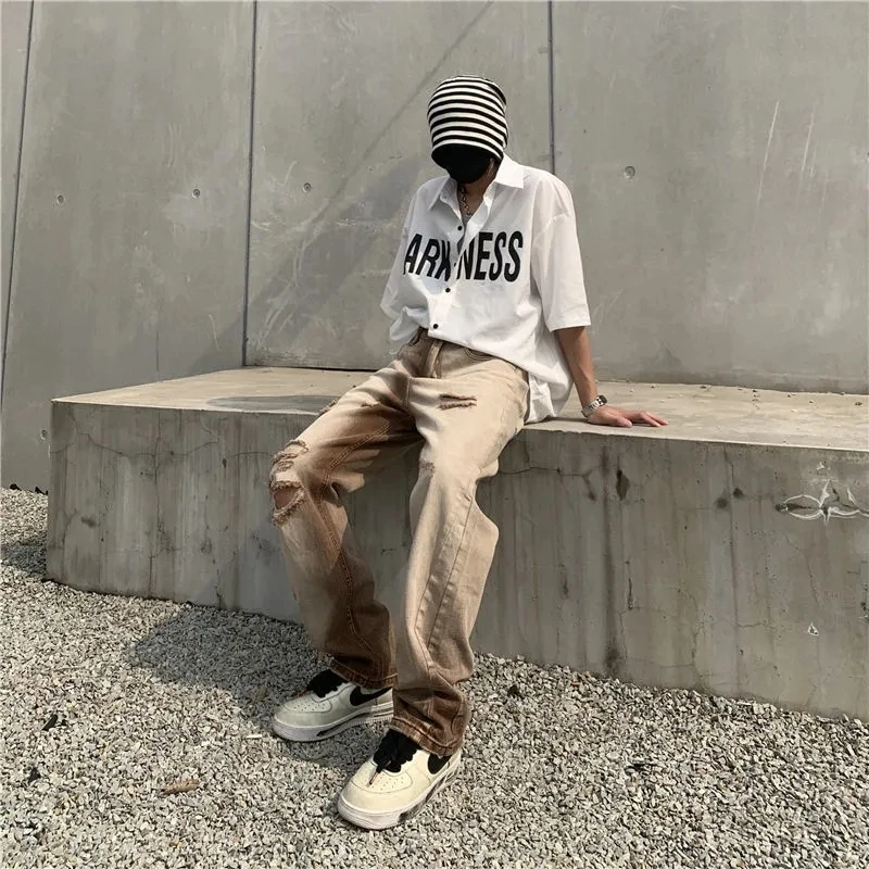 Gradient Ripped Jeans 2022 Straight High Waist All-match Distressed Women's Pants Streetwear Loose Wide Legs Men Fashion Jeans