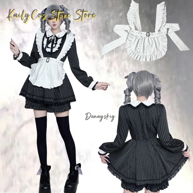 Фото Новый японский полосатый наряд горничной Jirai Kei Lolita, комплект платья с длинными рукавами, кружево с рюшами + фартук + пояс |   Аниме-стиль горничной №1