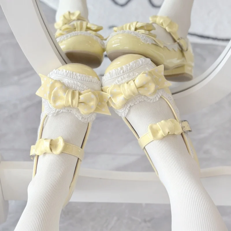 Фото Японские женские туфли в стиле Sweet Lolita, конфетных цветов, с бантом, на низком каблуке, с круглым носком, милые, из натуральной кожи, для девочек №4