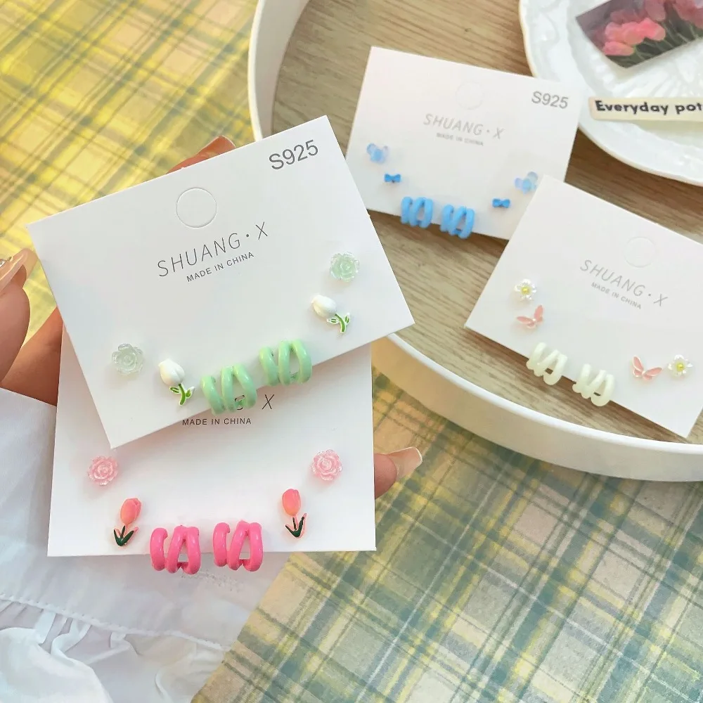 

3pair/set Cute Vintage Fairy Tulip Female Earrings Elegant Spring Summer Gift Fashion Jewelry Pearl Flower Earring Set