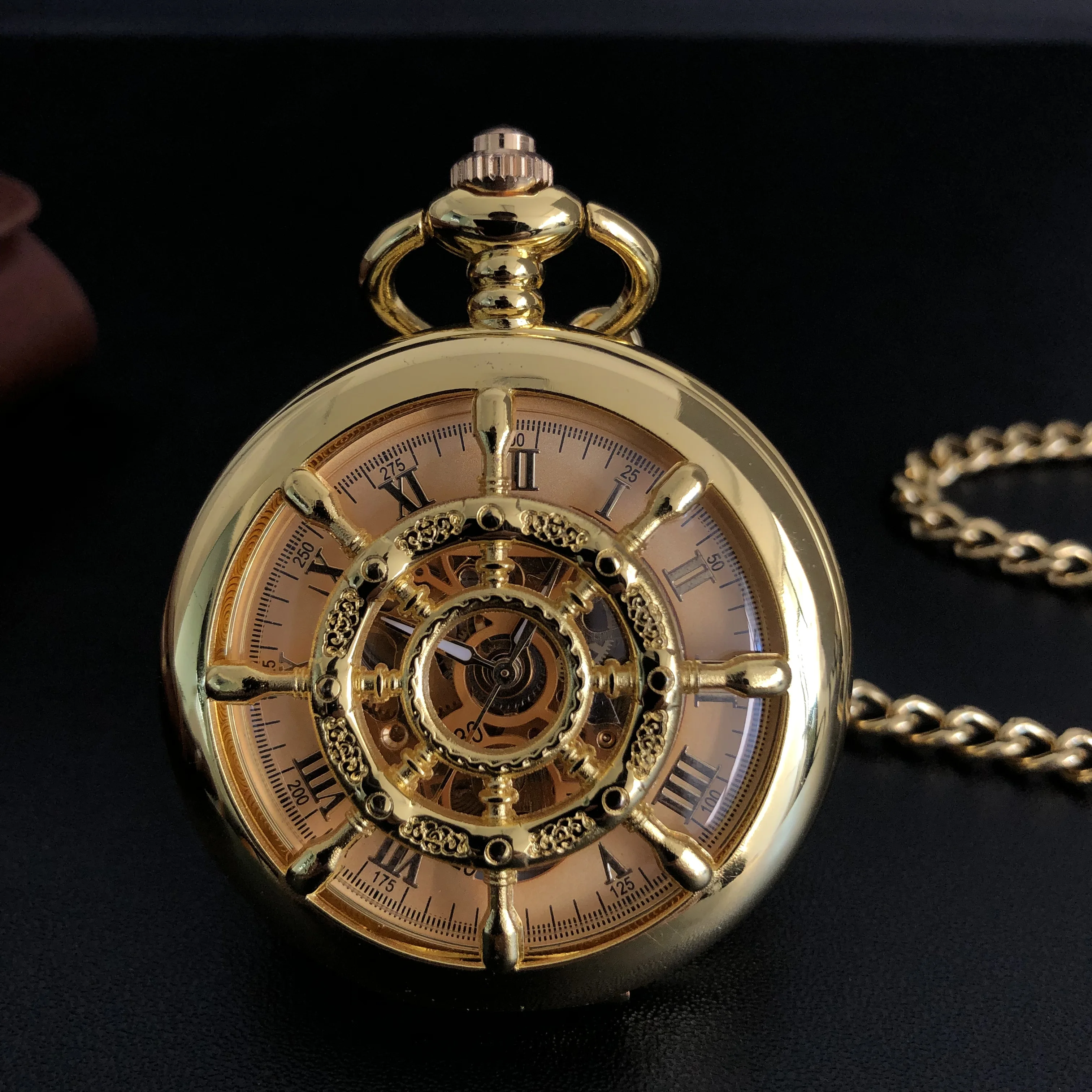

Gold Rudder Double Open Hollow Big Dial Roman Numerals Wind Mechanical Hand Pocket Watch Necklace Pendant Gifts For Women Or Man