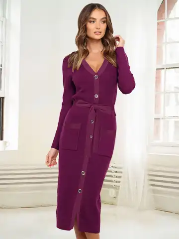 Women's Dress Long Waist Knitted Dress Autumn and Winter Women's Long-sleeved Slim V-neck Single-breasted Dress Sexy Elegant