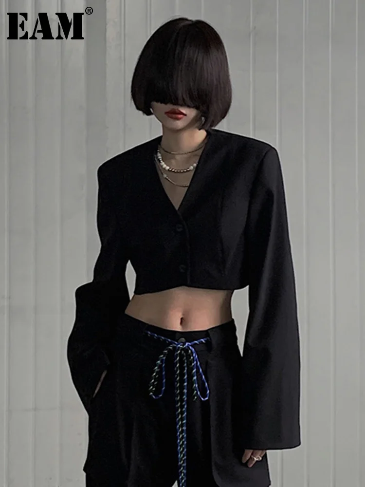 

Женский короткий Блейзер EAM, черный свободный Приталенный пиджак с v-образным вырезом и длинными рукавами, весна-осень 2023, 1DF5678