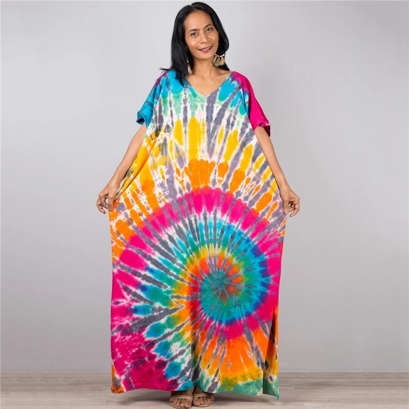 

Thailand Batik Maxi Dress Circle Tie Dye Print Kaftan Loose Fit Colorful Rainbow Caftan Seaside Resortwear Shapeless Summer Robe