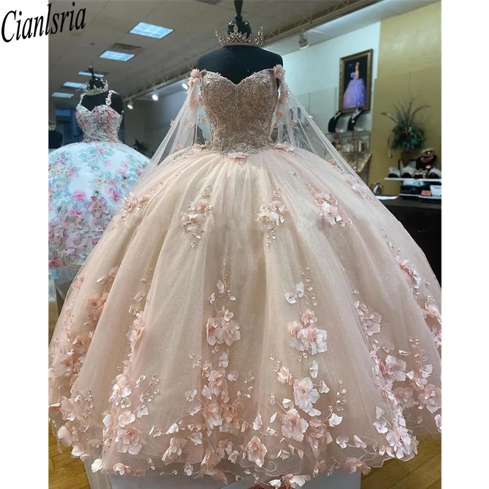 Сказочные розовые платья для Quinceanera Золушка с оберточными цветами 3D Цветочная