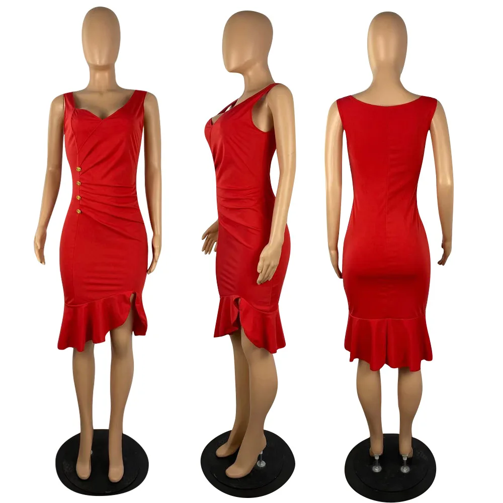 Черное пикантное платье с запахом приталенная юбка-годе на пуговицах красная