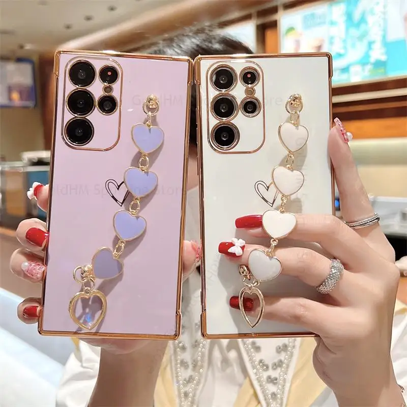 

For Samsung S22 Ultra Plating Square Soft Silicone Case For Galaxy S20 S21 Plus A53 A13 5G Love Heart Wriststrap Bracelet Cover