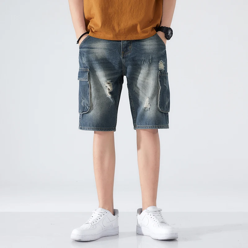 

Men Denim Shorts Jeans Hip Hop Loose Fit Hollow Out Ripped Fashion Side Pocekts Wide Leg Short Pants Punk Style Large Size 42