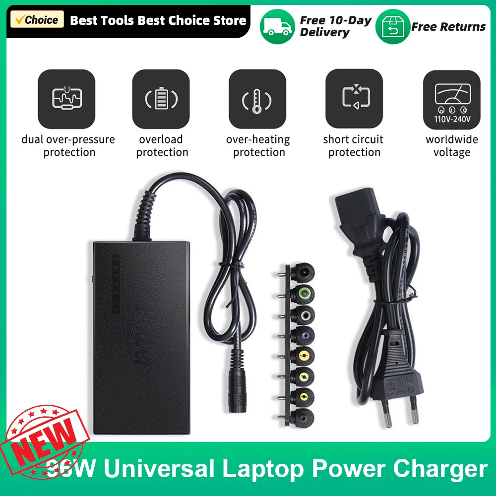 96W Universal Laptop Power Charger AC Adapter with 8 DC Jack Plug Converters 12V to 24V Adjustable Portable Charger EU/US Plug