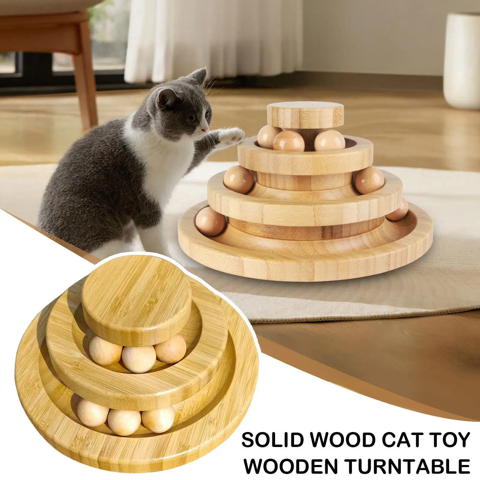 

Funny Roller Bamboo Cat Toy with Bell Rolling Ball Three Layer Bamboo Track Balls Turntable Gifts for Your Cats Cat Supplies