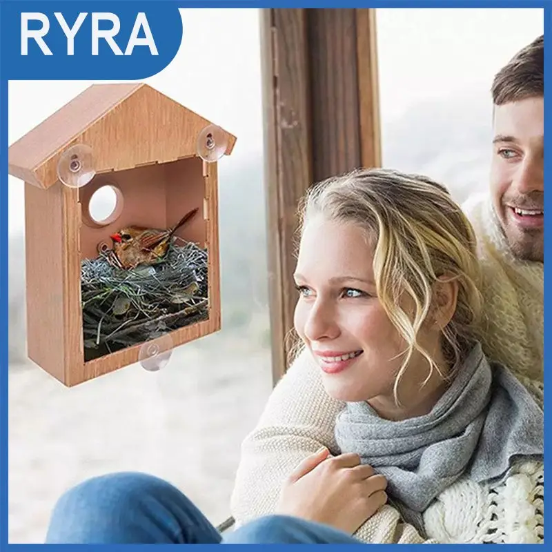 

Деревянный домик для птиц, уличный подвесной домик для птиц, садовый домик на присоске, видимый внутри, птичье гнездо, кормушка, Диспенсер, контейнер для еды