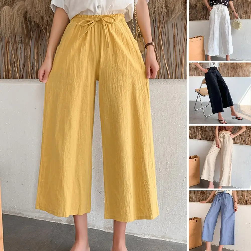 Casual Knitted Pants Mid-rise Elastic Waistband Drawstring Straight Wide Leg Pockets Women Pants Cotton Linen Solid Color Pants