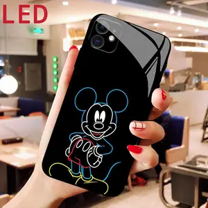 Disney Mickey Minnie LED Luminous Call Light Flash Glass phone Case For IPhone 13 12 11 Pro Max Mini