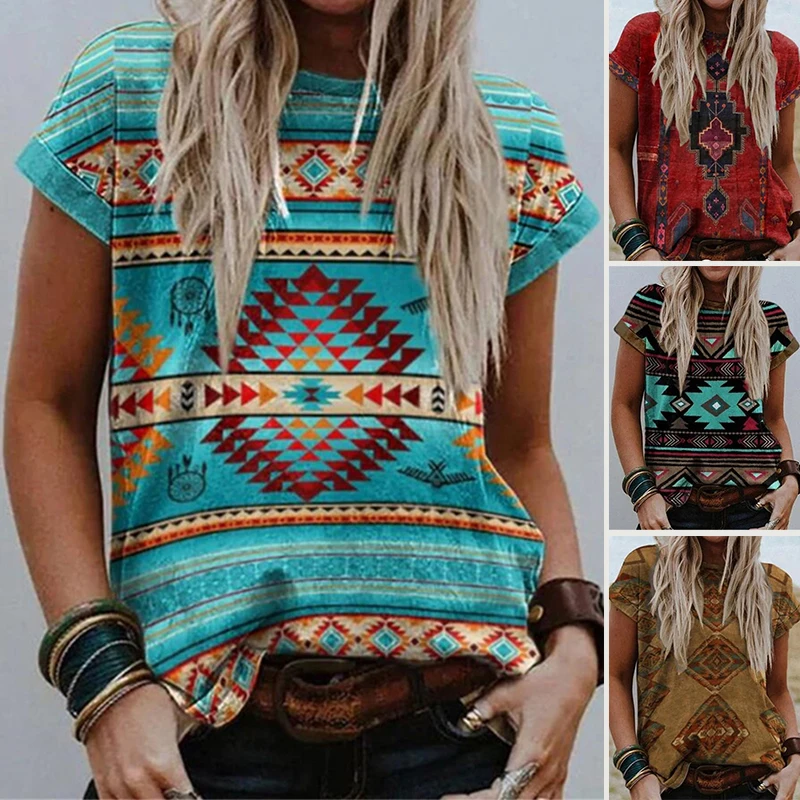 

2022 Newly Women's Short Sleeve T-shirts Ethnic Style Printed Crew Neck Summer Tops Women's T-shirts For Summer Casual Print