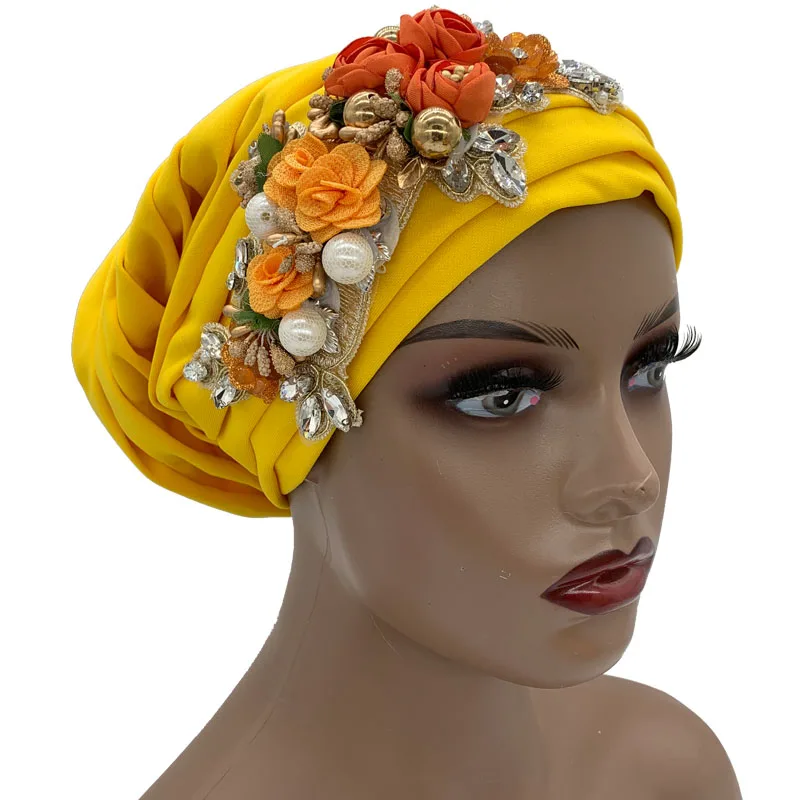 Glitter Rhinestone Flower Full Body Pleated Turban Cap Muslim Women's Head Wrap Bonnet Female Party Headpiece Turbante Hat