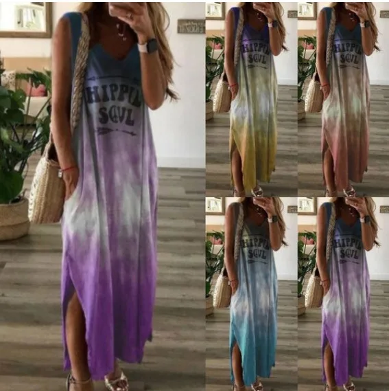

Split skirt tie dye letter dress casual loose gradient tie dye print women's sleeveless pocket long dress