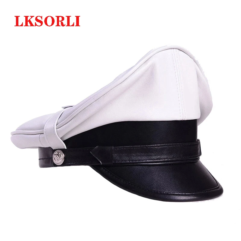 Retro German Hat For Men White Classic Real Leather Motorcycle Heavy Machine Knight Caps Male Punk Locomotive Officer General