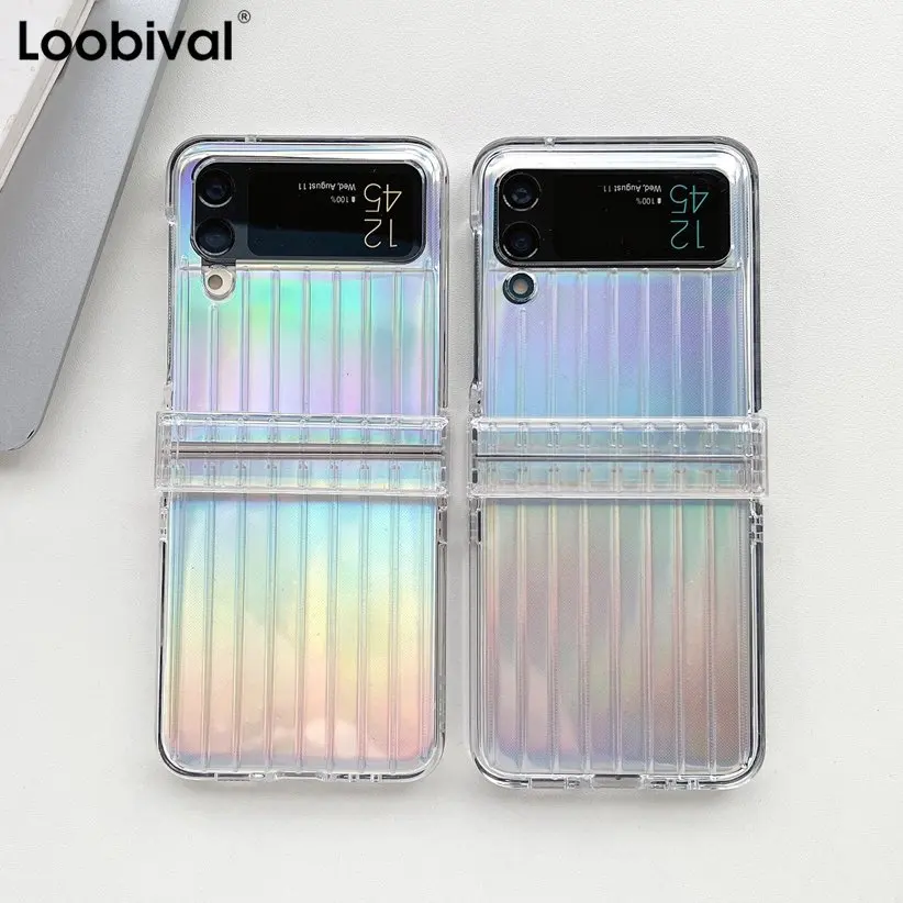 

3D Stripe Laser Colorful Phone Case for Samsung Z Flip4 ZFlip 3 Z Flip3 Flip4 Transparent Folding Cover for Galaxy Z Flip4 Flip3