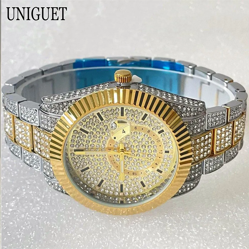 Фото Лучший бренд UNIGUET Lxuxry кварцевые часы для мужчин модные водонепроницаемые часы мужские хип-хоп со льдом и бриллиантами ювелирные наручные часы Reloj Hombre №1