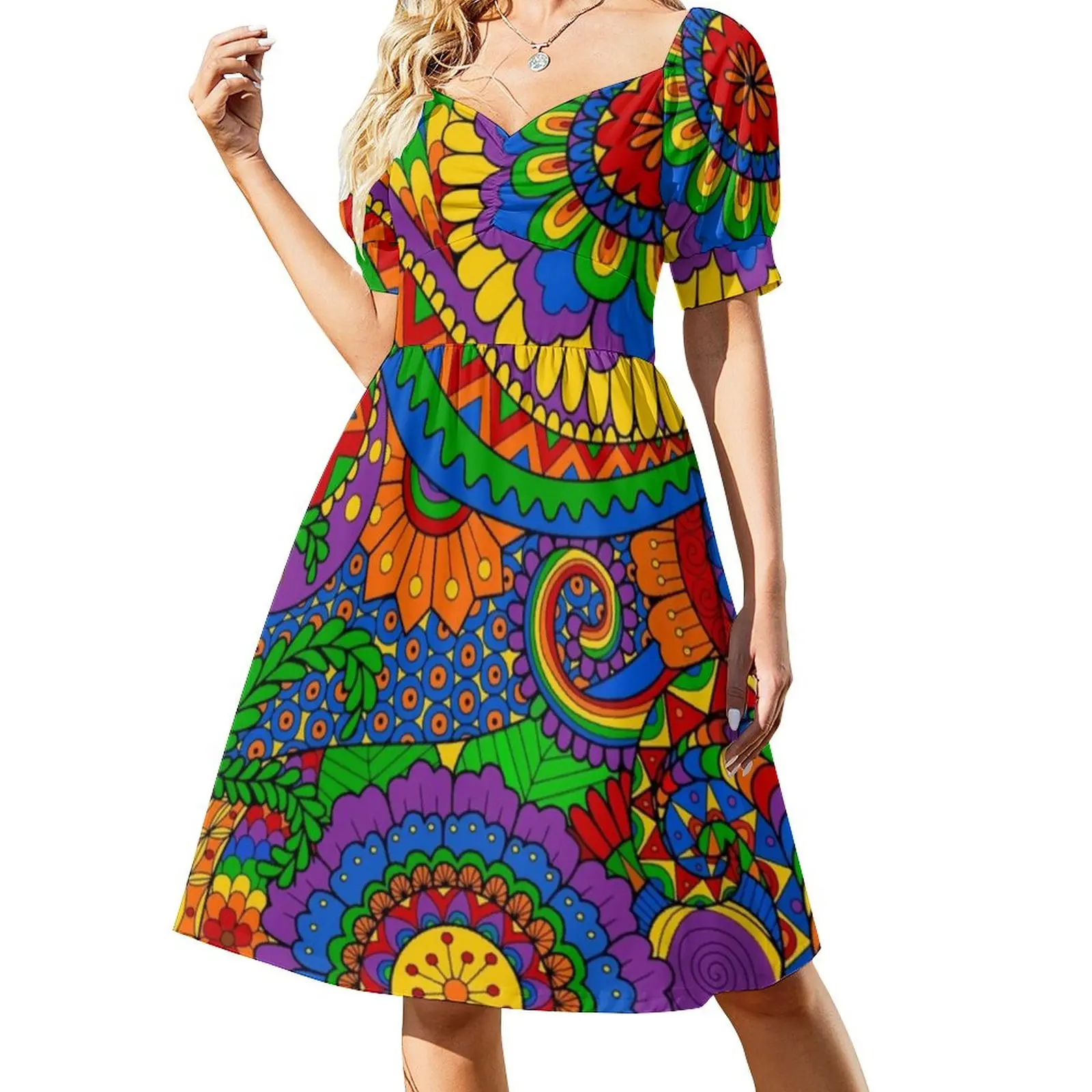 

Happy Hippy Floral Casual Dress Psychedelic Rainbow Print Aesthetic Dresses Elegant Dress Female V Neck Oversize Clothing