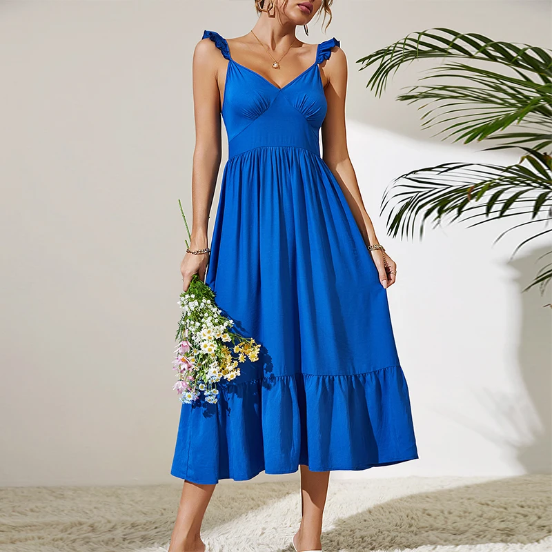 

New Design Workplace Vacation Summer Sleeveless Deep V Backless Sexy Women's Blue Viscose Casual Maxi Long Dress