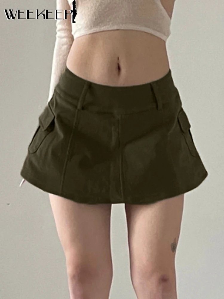 

Weekeep Summer Short Skirt With Shorts Low Rise A-Line Pocket Patchwork Cargo Mini Skirts Y2k Vintage Casual 2022 Women Clothing