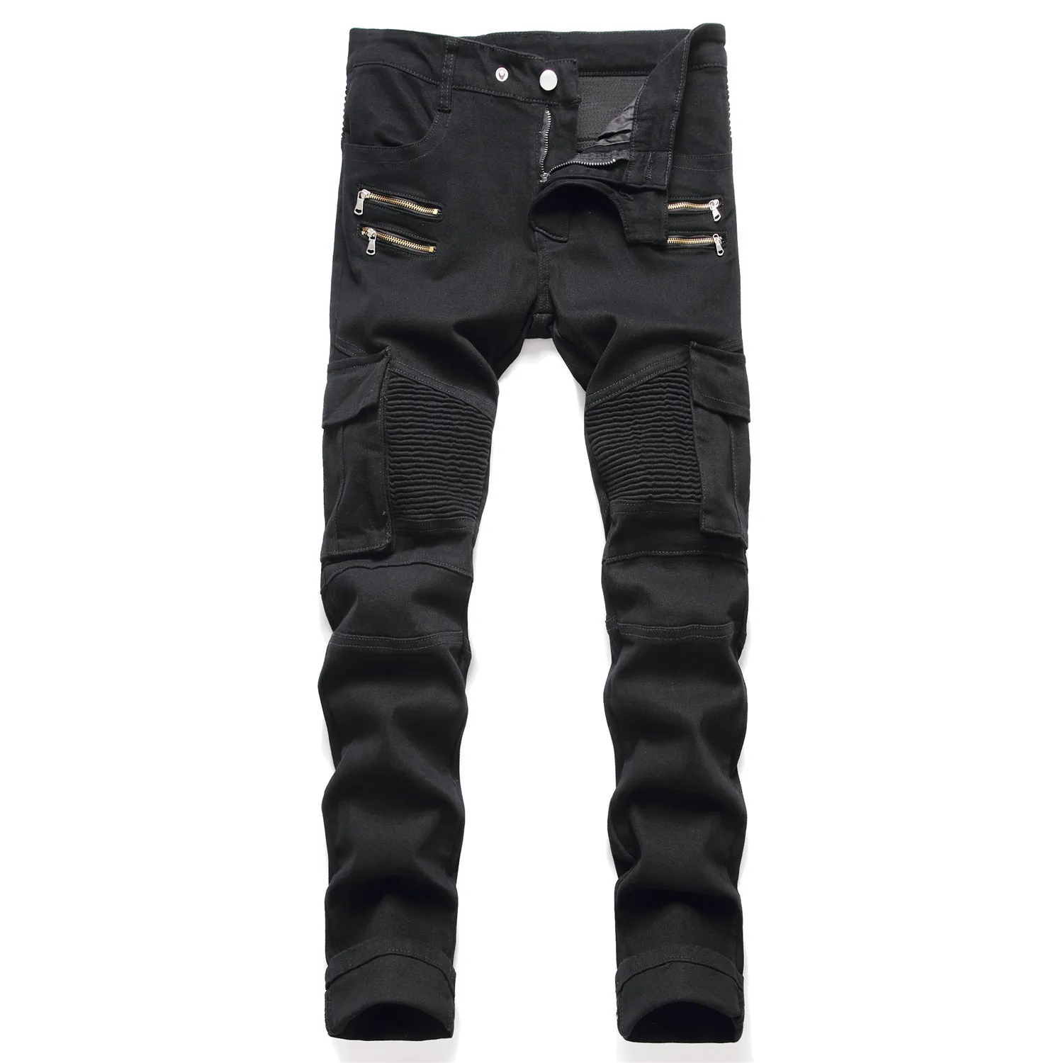 Motorcycle Denim Pants Men's Black Army Green Pleated Jeans Fashion Moto Biker Zipper Skinny Jeans Men Casual Slim Pants
