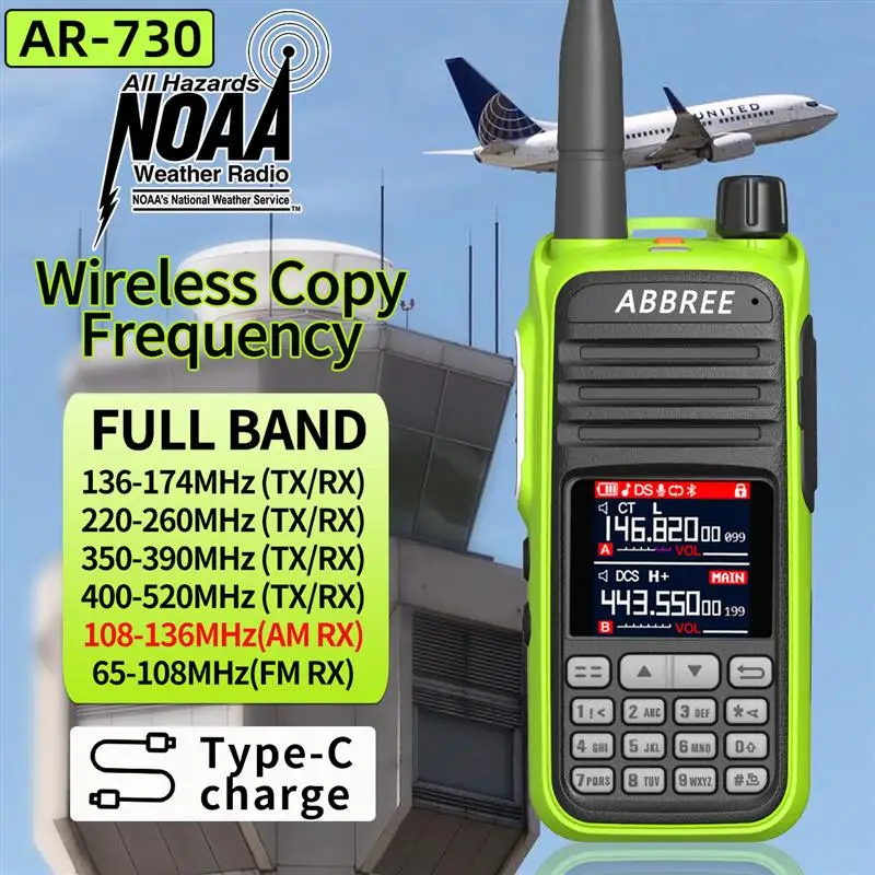 

ABBREE AR-730 Air Band Беспроводная Частота копирования 256CH WalkieTalkie NOAA Погодный канал получение Тип-C зарядка двухсторонняя радиосвязь