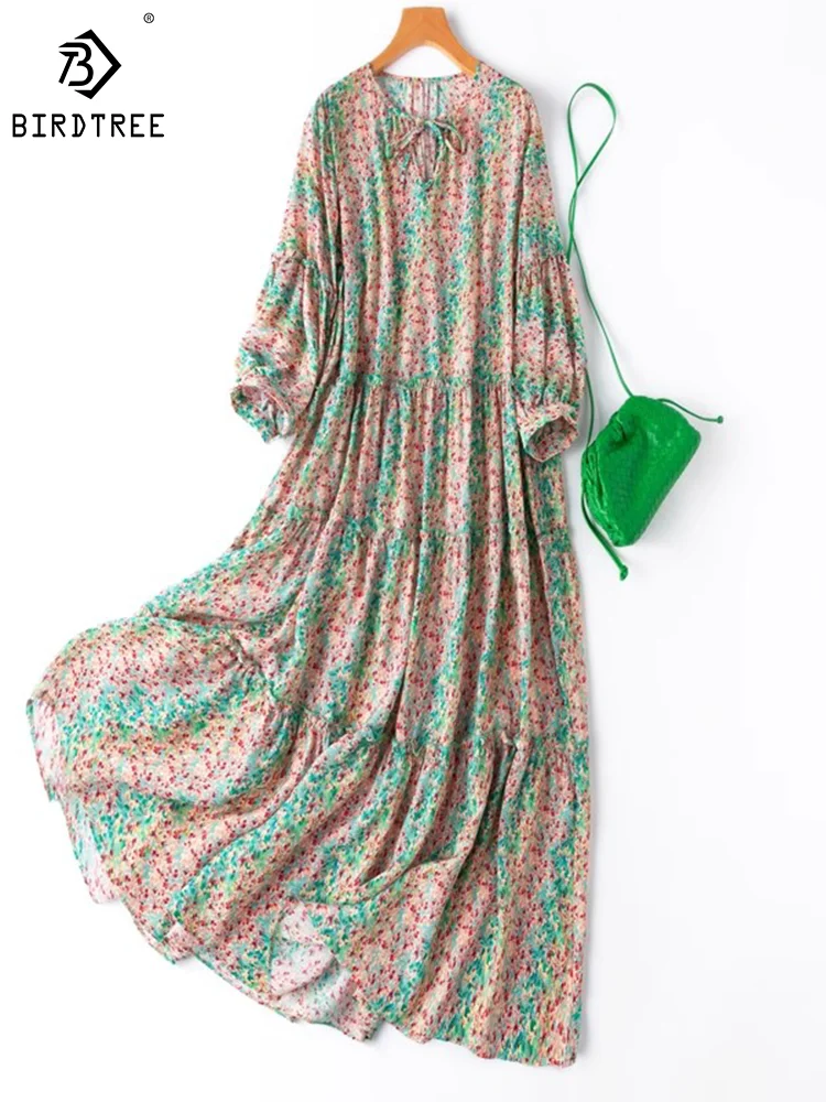 Birdtree 100%Real  Silk Tshirt Dresses Women Crepe De Chine Loose Stand Collar Lantern 3/4 Sleeve Midi Dress New Summer D36341JM