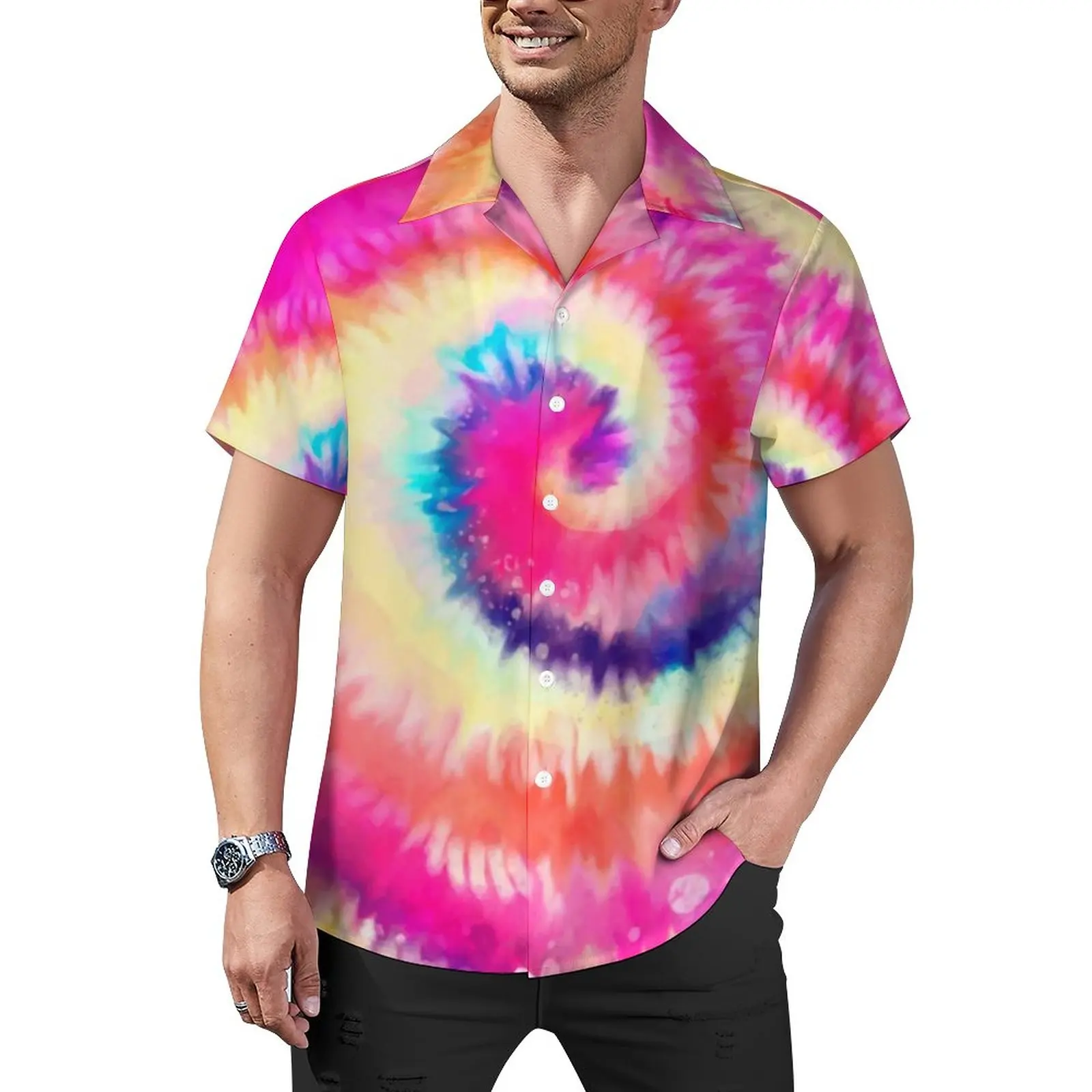 

Ombre Tie Dye Casual Shirts Rainbow Swirl Pink Yellow Vacation Shirt Summer Streetwear Blouses Men Custom Plus Size